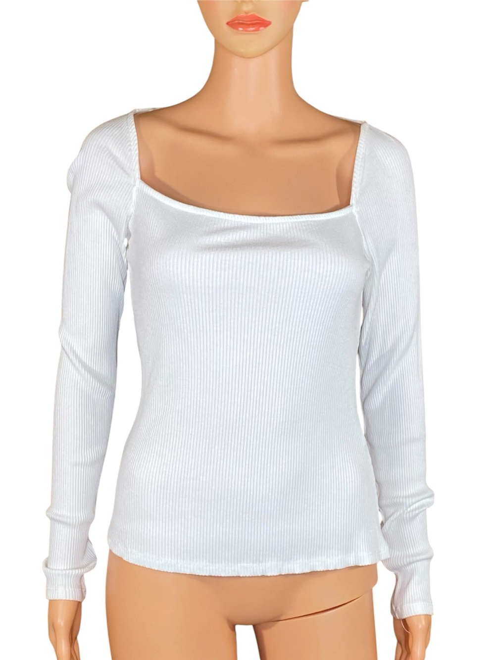 H&M White Ribbed Crop Top Square Neck Fitted Stretchy Long Sleeve Size Medium